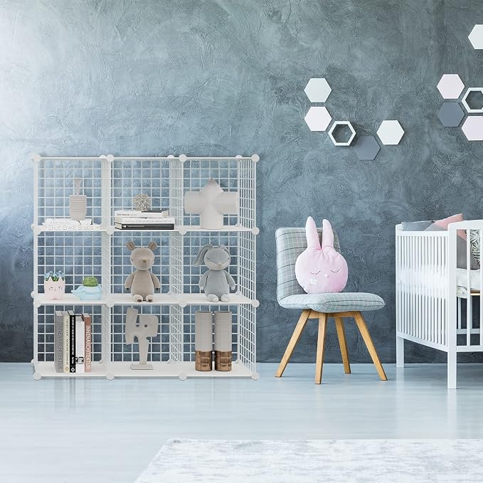 HUBSON Wire Cube Storage Organizer, Book/Toy/Craft/Potted Plants and petCloset Organizers and Storage Shelves, 9-Cube Freely Combinable Metal Grids Storage Shelf,White Plus Iron