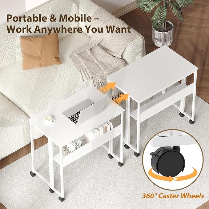 Folding Desk Small Rolling Desk with Storage Shelf,24.8 Inch Foldable Computer Table with Wheels,Portable Office Desk for Small Space Sofa Table,Easy to Fold,Writing Work Office Computer Desk,White