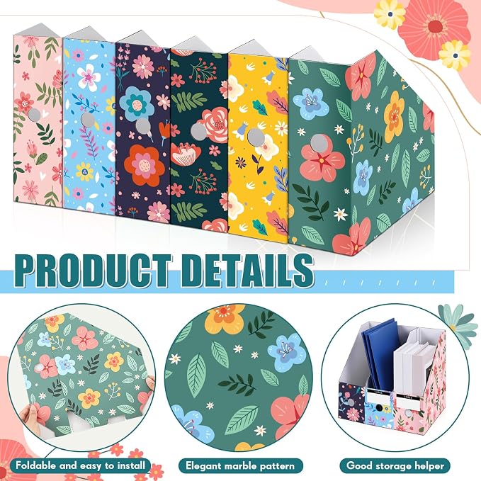 PerKoop 12 Pcs Decorative Magazine File Holders Floral Foldable File Folders Magazine Storage Boxes Rack Desk Organizer Documents with Printable Labels for School Office Home (Flower Design)