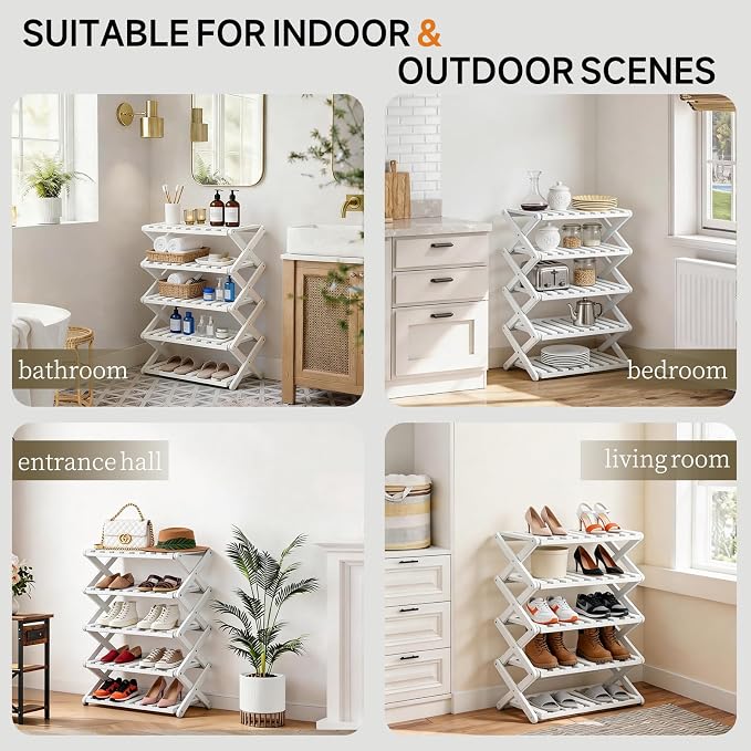 5 Tier Bamboo Shoe Rack White,Portable Folding Shoe Storage Rack,Without Installation Small Shoe Rack Perfect for Corridors, Drom, Bedrooms and Small Spaces
