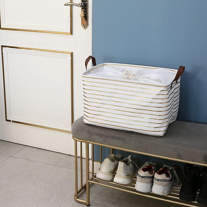 Hinwo 31L Large Storage Bins, Closet Organizers and Storage, Shelf Baskets, Foldable Clothes Storage Baskets with Handles, Containers for Clothing, Blanket, Towels, Toys, Bedding (Gold Stripe)