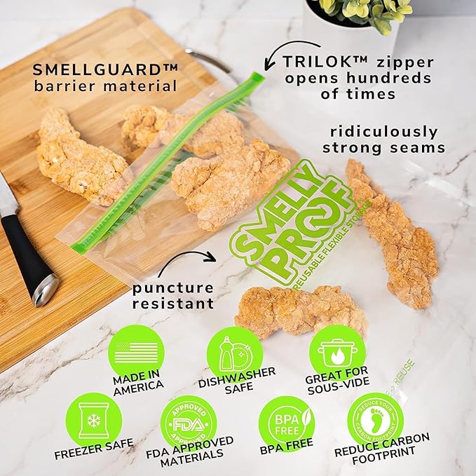 Smelly Proof Reusable Food Storage Bags, Reusable Freezer Bags, MADE IN USA, Dishwasher-Safe, BPA FREE, NO PEVA, XXL 3-mil, Extra Large Clear FLAT 2-Gallon 12” x 16”, 15-Pack