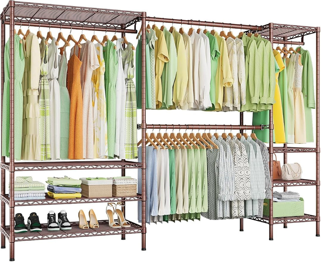 Ulif E11 Heavy-Duty Garment Rack, Metal Freestanding Clothes Rack and Closet Storage Organizer System with 8 Shelves and 4 Hanger Rods, (73.2-97.6)" W x 14.5" D x 71.2" H, Load 1034 LBS, Bronze
