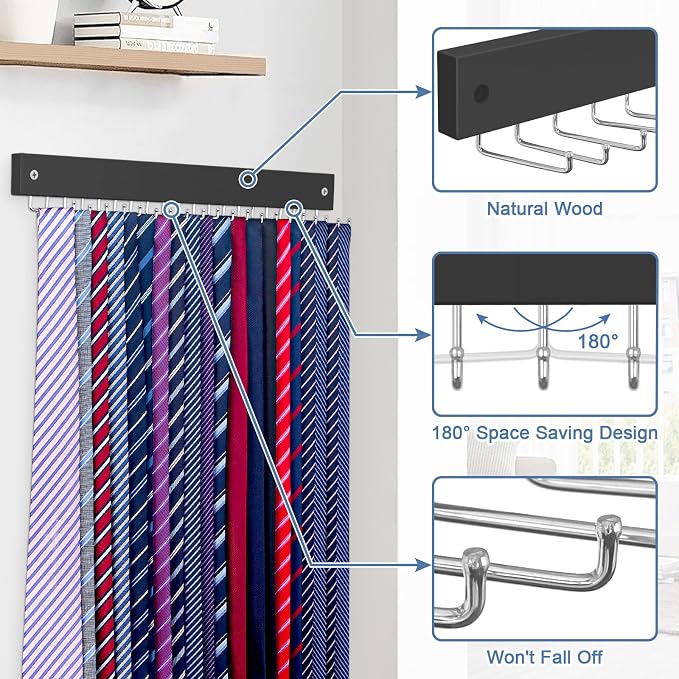 【2 in 1】 Tie Rack Belt Organizer Wall Mounted, Space Saving Tie Hanger for Closet with 20 Storage Hooks, Belt Holder for Closet Organizer Storage