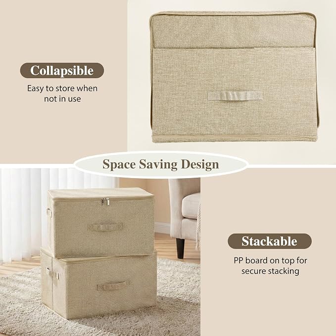 ANMINY 2PCS Storage Bins with Zipper Lids 51.9 Qt Lidded Fabric Storage Boxes Baskets Cubes with Handles Collapsible Washable Cotton Linen Closet Shelf Clothes Organizer - Beige, Extra Large