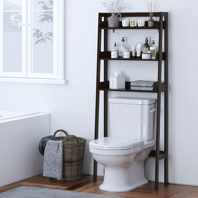 UTEX Behind Toilet Bathroom Organizer, 3-Tier Wood Ladder Shelf, Espresso | FSC-certified MDF, Modern Open Ladder-style Design, Raised Side Guards, Adjustable Lower Crossbar, 33-Inch Clearance