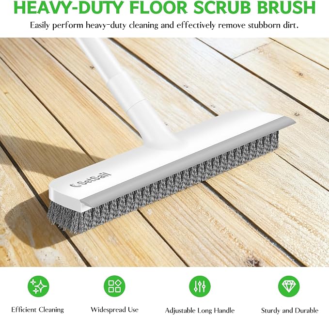SetSail Floor Scrub Brush, Scrub Brush with Long Adjustable Handle 2 in 1 Scraper Brush Stiff Bristle Floor Scrubber for Cleaning Bathroom Shower Kitchen Garage Deck Tile Tub, Pure White