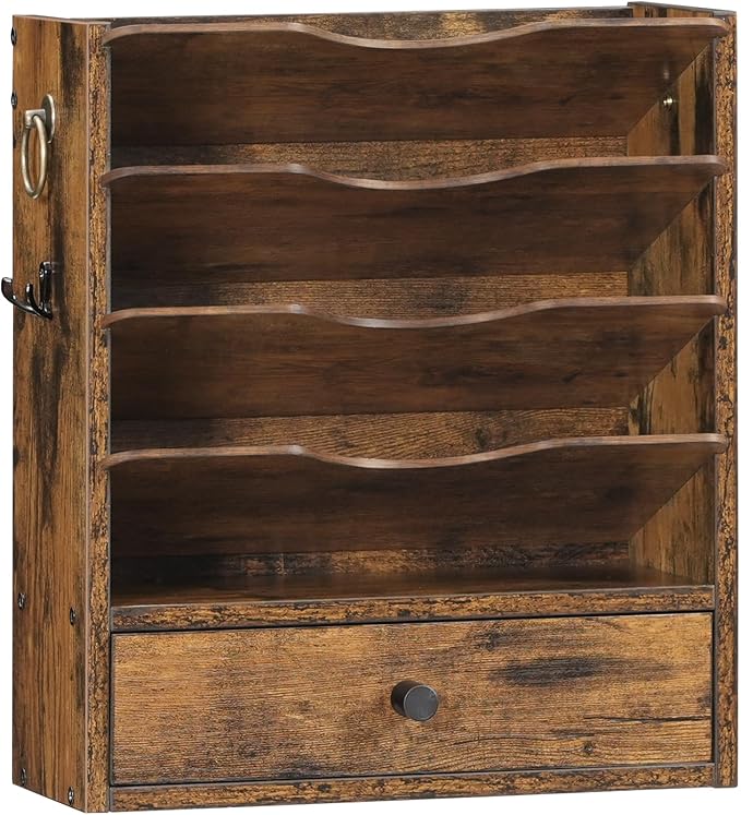 HOOBRO Wall File Organizer, Mail Organizer Wall Mounted, Wooden Literature Organizer, Construction Paper Organizer with Drawer Storage and 2 Hooks, for Office, Classroom, Home, Rustic Brown FG14WF01