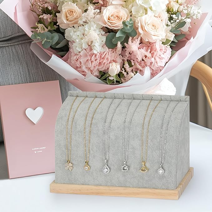 KUKUVR Velvet Cambered Necklace Display Stand for Women, Wood Base Jewelry Holder Rack for Necklace Pendant Bracelet Chains, Necklaces Storage Organizer Showcase for Selling Vendors exhibition (Grey)
