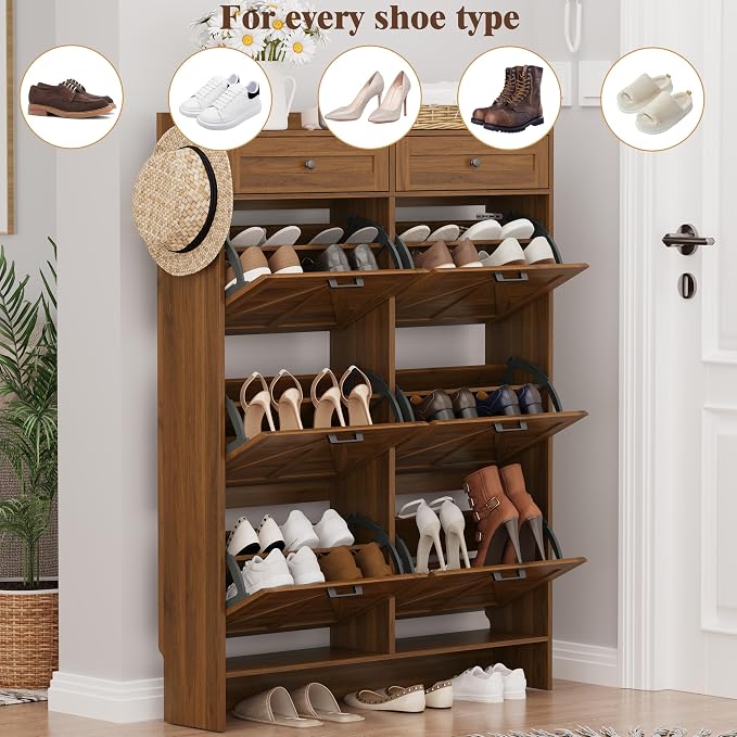 Thacuok Shoe Cabinet with 6 Flip Drawers & 2 Storage Drawers, Rustic Farmhouse Narrow Shoe Organizer Cabinet, Slim Shoe Rack Cabinet, Shoe Storage Cabinet for Entryway, Hallway, Front Door