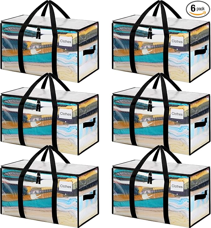 BAGAIL Heavy Duty Moving Bags with Strong Handle, Extra Large Moving Boxes, Storage Tote for Clothes, College Moving Supplies(Clear,93L-6pack)