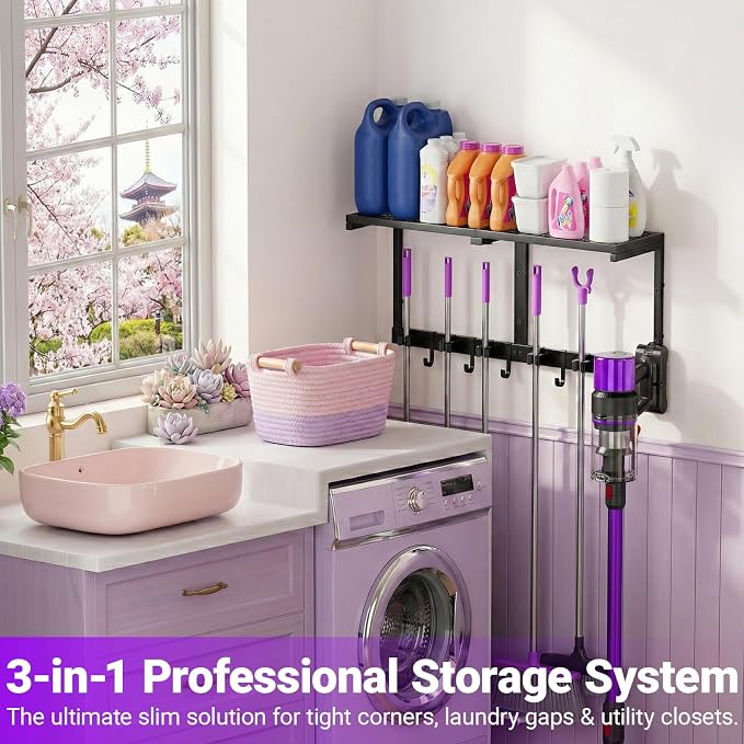 Heavy Duty Broom Holder Wall Mount with Cleaning Supplies Organizer, Space-Saving Laundry Room Organization and Storage Shelves, All-Metal Mop Hanger Broom Rack with Hooks, Garage Organizer Shelf