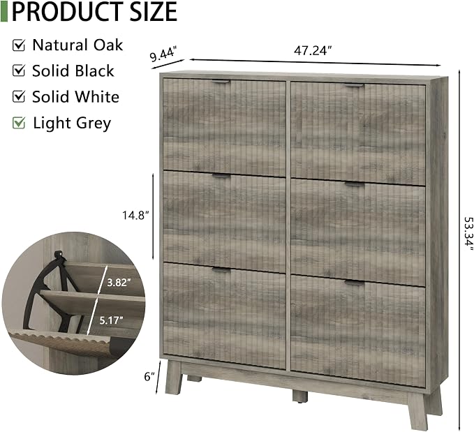 Xixini Shoe Cabinet with 6 Flip Drawers, 54" Tall Narrow Fluted Shoe Storage Organizer for Entryway, Hidden Slim Wooden Shoe Rack Cabinet for Front Door Entrance, Hallway, Living Room, Light Grey
