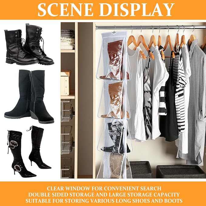 Windyun 16 Pairs Large Clear Pockets Fabric Dual Sided Hanging Shoe Rack for Closets Hanging Shoe Organizer with Rotating Hanger Boot Organizer for Storage Men's and Woman's Boots(White)