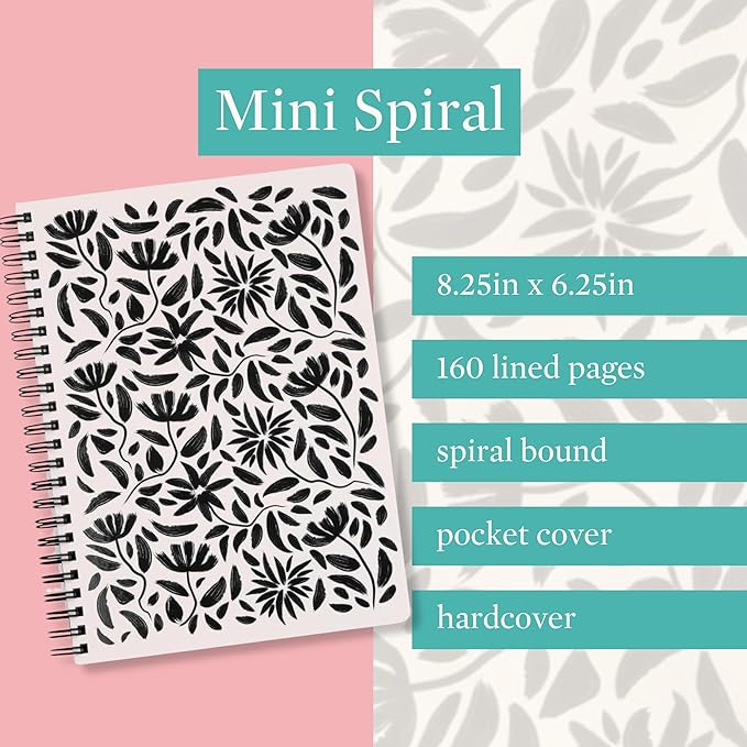 Steel Mill & Co Cute Mini Spiral Notebook, Small 8.25" x 6.25" Journal with Durable Hardcover and 160 Lined Pages for Journaling/Work/School, Hand Drawn Black Floral