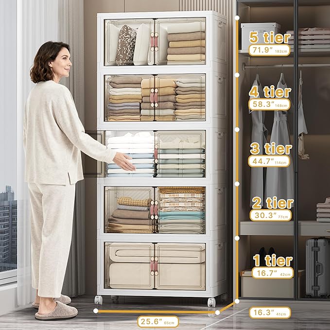 UAMFURI Stackable Storage Bins with Lids, Extra Large Plastic Organizer Cabinet Drawers, 560QT Collapsible Closet Containers with Doors and Wheels,For Bedroom, Kitchen, Office, Garage,(5Pack Cube)