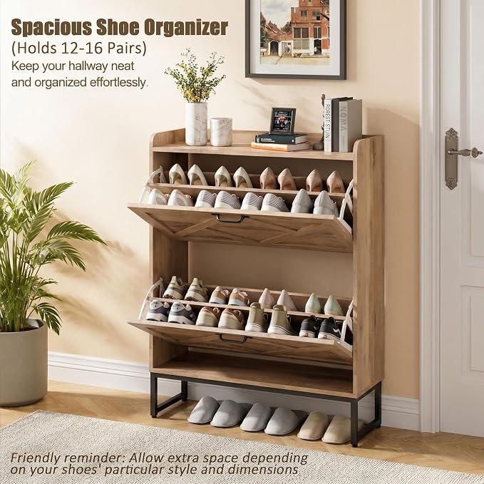 Nicetree Shoe Cabinet Storage for Entryway, Slim Shoe Storage Cabient with 2 Flip Drawers, Narrow Vertical Shoe Rack Cabinet with Metal Hooks, Small Space Solution for Hallway, Oak