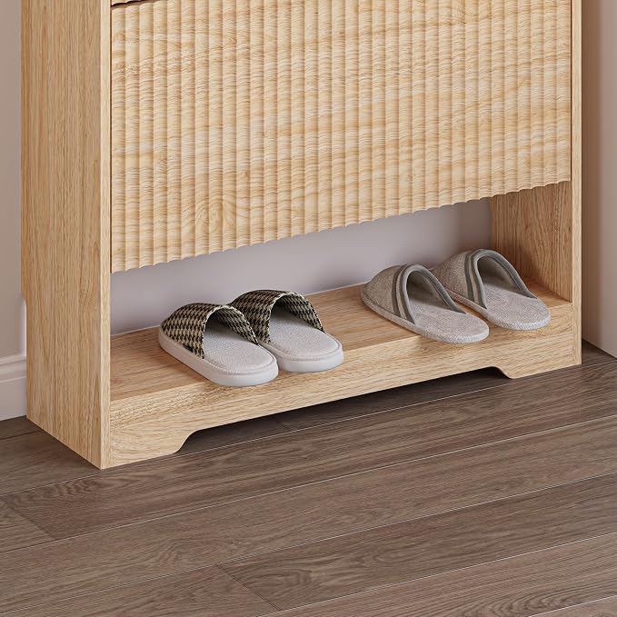 BORNOON Shoe Cabinet with 2 Flip Drawers, Fluted Shoe Storage Cabinet with Adjustable Shelves, Freestanding Rack and Organizer for Entryway, Hallway
