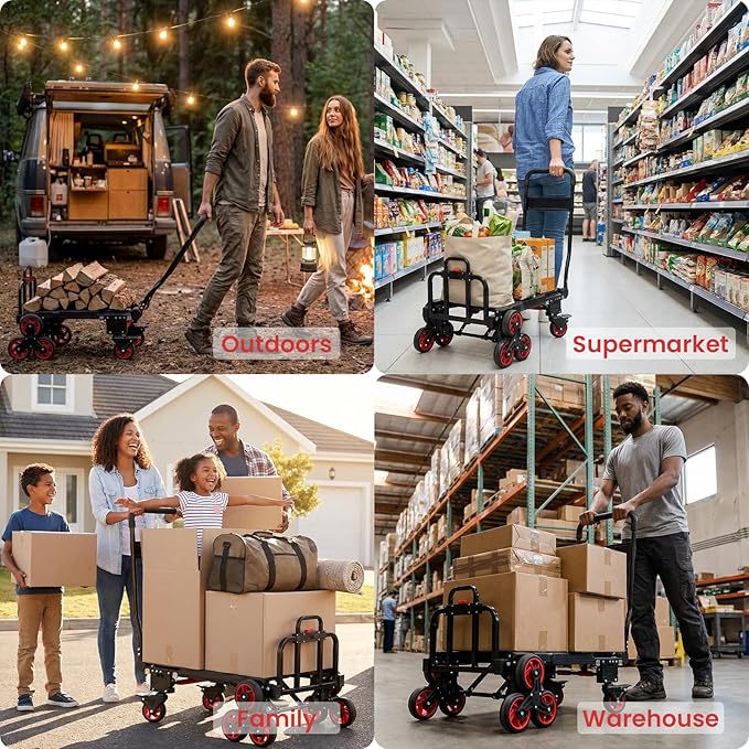 Upgraded 3 in 1 Convertible Folding Hand Truck with Brakes, Hand Truck Dolly Heavy Duty 660lbs Capacity, Stair Climbing Cart with Adjustable Shovel Board and Fixed Handle for Moving
