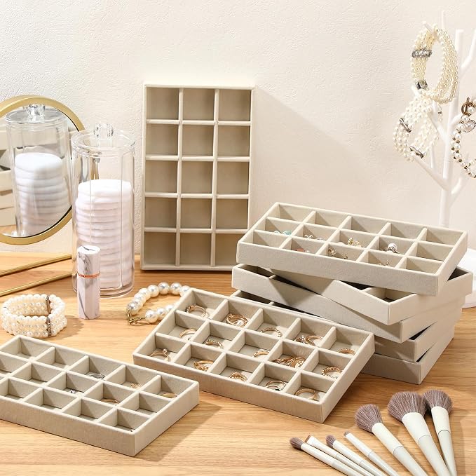 Highergo 8 Pcs Velvet Jewelry Trays Stackable Drawers Organizer Ring Earring Bracelet Necklace Storage Trays, 8.3x4.7x1''(15 Grids)