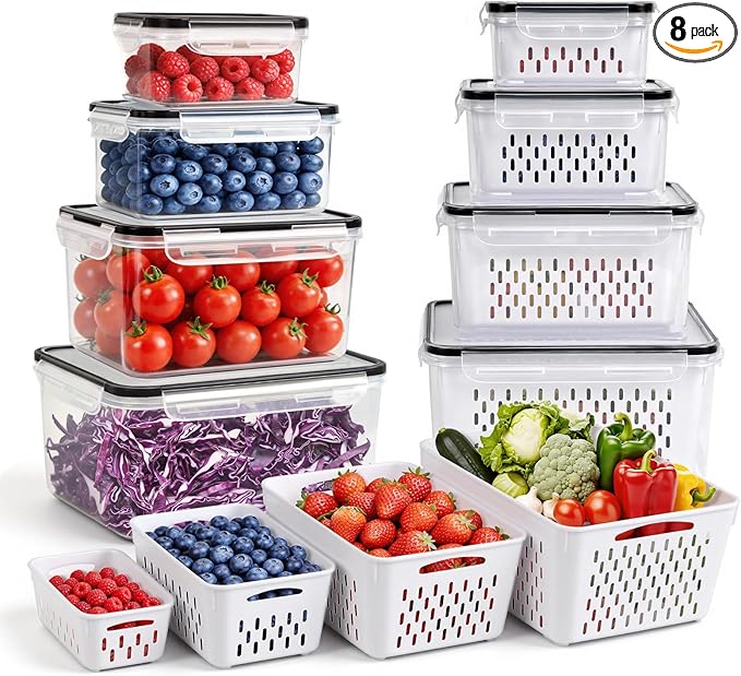 8 PCS Fruit Storage Containers for Fridge, Leakproof Produce Containers | For Fridge with Removable Colander, Microwave/Dishwasher Safe Fruit Washing Bowl Keep Fruits, Vegetables, Berry Fresh longer