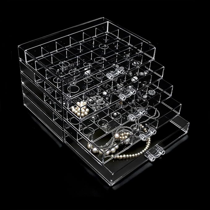 Clear Jewelry Box, Jewelry Organizer with 5 Drawers, 5-Layer Acrylic Storage Box for Women, Earring Display Holder for Earrings Ring Bracelet Necklace 79 Grid Compartment Earring Organizer
