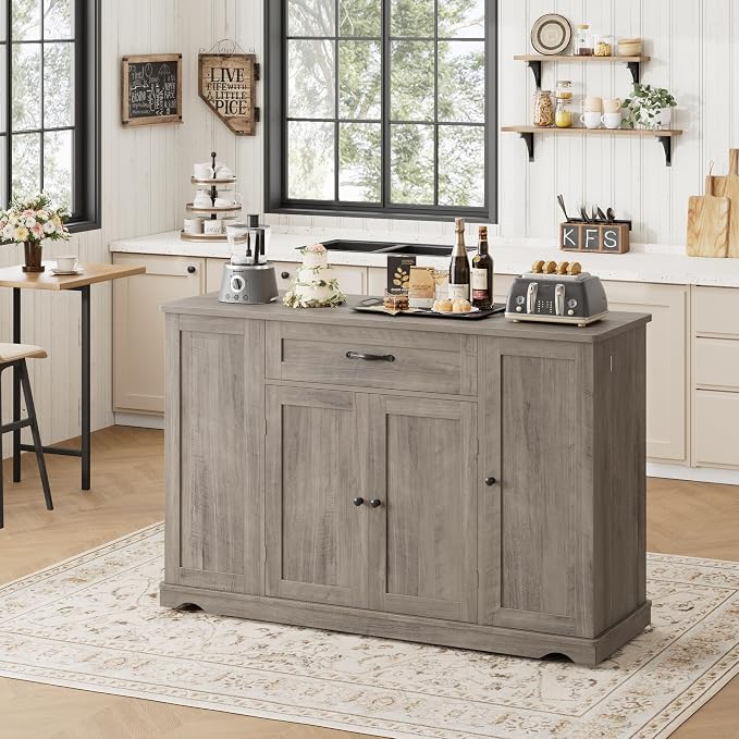 HOSTACK Kitchen Island Cart with Storage, Rolling Island Table, Ash Gray | 47"W Mobile Kitchen Storage Islands on Wheels with 2 Drawers, Adjustable Shelves, Movable Buffet Cabinet for Dining room