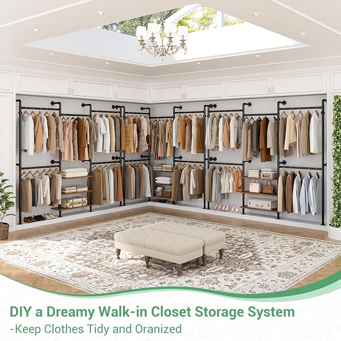 Aheaplus Expandable Industrial Pipe Clothing Rack, 7.3-10.9Ft Wall Mounted Closet System, Reversible L Shaped Clothes Rack for Hanging Clothes, Heavy Duty Walk-in Corner Wardrobe Closet, Rustic Brown