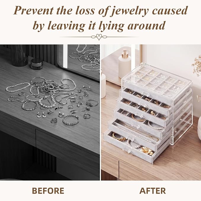 Clear Jewelry Organizer Earring Holder Organizer, Jewelry Box with 6 Drawers Clear Acrylic Stackable Earring Case with Adjustable Velvet Trays for Women and Girls, Grey