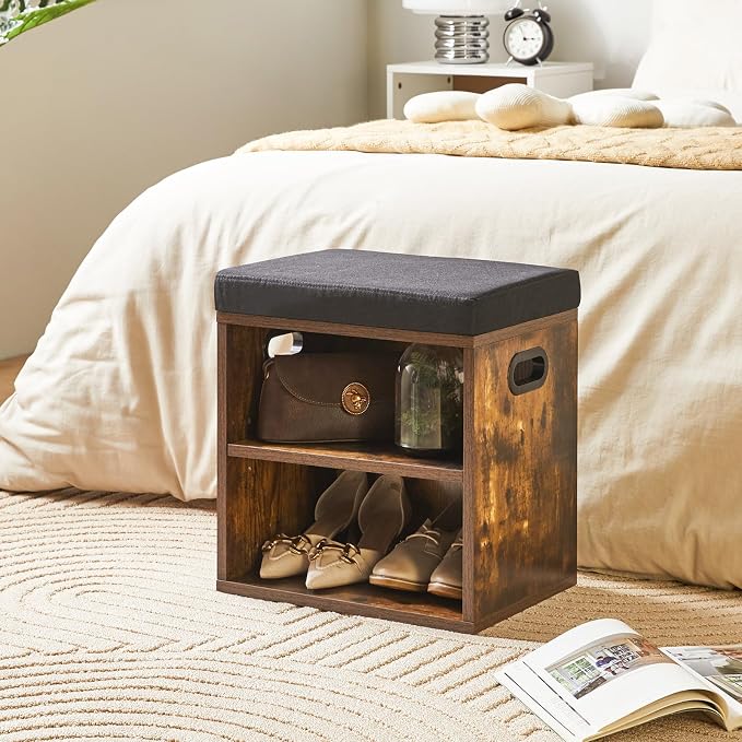 YMYNY Small Shoe Storage Bench with Cushion, Rustic Brown, HBD028H | 2 Tier Entryway Bench with Storage, Small Shoe Rack Bench with Adjustable Shelf for Entryway 11 x 15.3 x 16.5 Inches