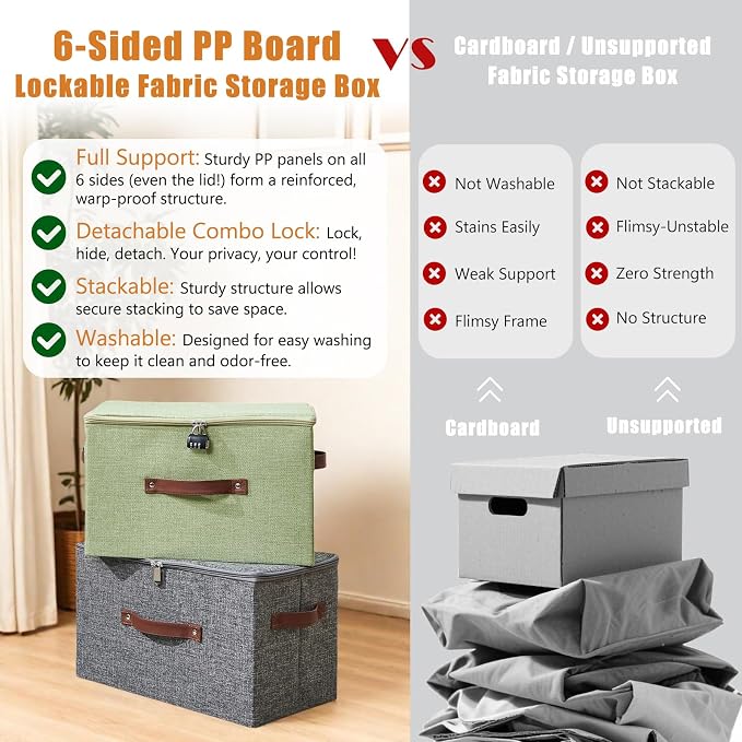 Storage Bins Boxes with Zipper Lid Combination Lock PU Leather Handles Cotton Linen Fabric Lockable Baskets DVD CD Case Foldable Closet Shelf Organizer Container (Light Green, 13"x 6"x 6")