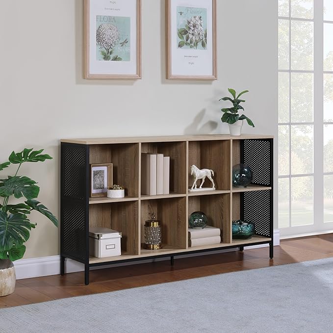 OSP Home Furnishings Ace Contemporary Modern Storage Bookcase with Shelves, 2- Shelves, 8 Cubes, River Oak Finish