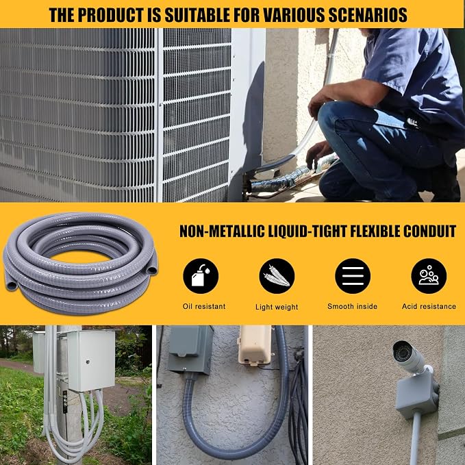 Liquid-Tight Conduit - 1inch 100 Foot Flexible Non Metallic Liquid Tight Electrical Conduit Kit, with 6 Straight and 4 Angle Fittings Included. 1" Dia