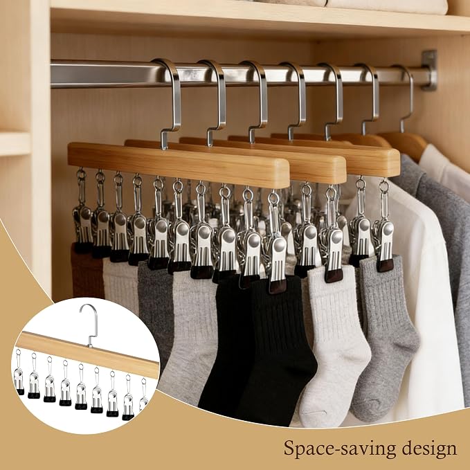 Closet Organizer with 10 Clips, 2026 New Wooden Pants Hangers with 10 Clips Multi-use Hanging Leggings Storage Organizer, Space-Saving Hanger for Skirts Scarves Hats Socks (2Pcs Retro Color)