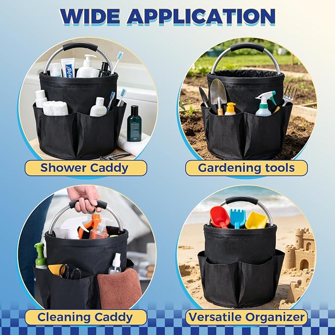 NATGAI Cleaning Caddy with Handle, 17L Foldable Cleaning Supply Caddy, Portable Bucket Organizer with Pockets, Tote Bucket Organizer for Housekeeping, Garden Detailing Caddy, Cleaning Supplies Storage