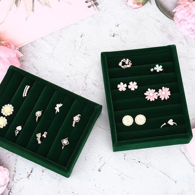 DesignSter Small Jewelry Tray-Ring Organizer 2PCS Premium Velvet Rings Earrings Display Tray Storage Insert Holder for Jewelry Box, Drawer, Dresser (8 Slots, Green)