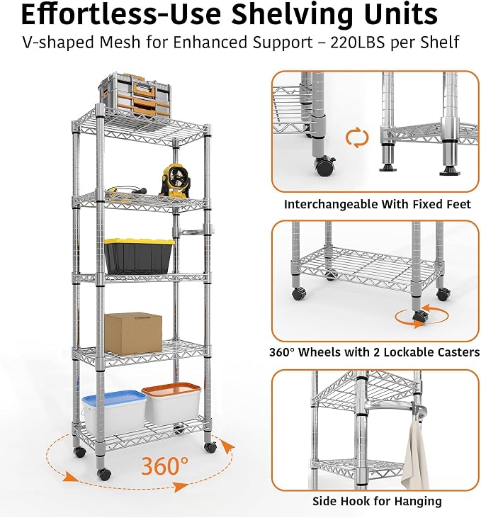 GarveeHome 5-Tier Heavy Duty Storage Shelves 1100 LBS Metal Wire Rack Shelving with Lockable Wheels, 61" H Rolling Storage Rack for Kitchen Garage Bedroom