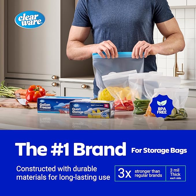 Double Zipper Storage Bags - Quart Size - 300 Count, (4 Packs of 75), Reusable Thick Food Storage Bags - Microwave-Safe, Zero BPA - Resealable Containers for Lunch, Snacks, Meals