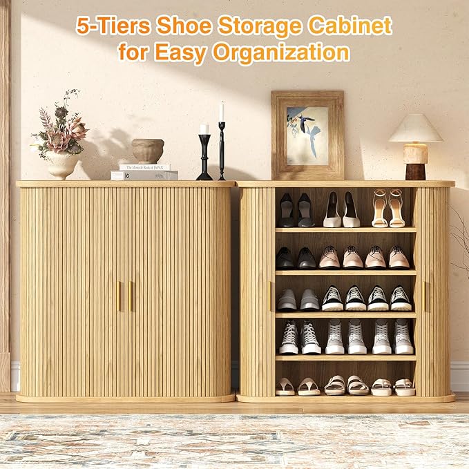 UNIQUITE Shoe Storage Cabinet with Sliding Doors, 5-Tier Wood Shoe Cabinet for Entryway, Adjustable Shelves Freestanding Shoe Organizer with Gold Handle for Hallway, Living Room, Natural
