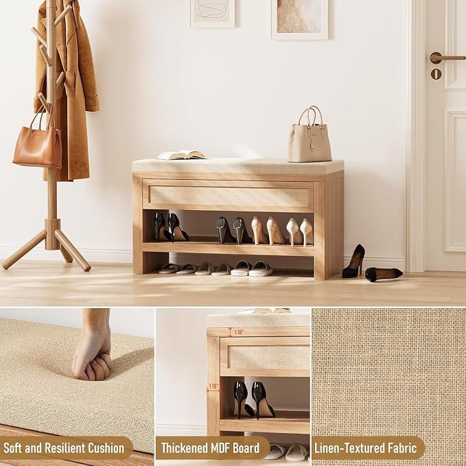 INNOD Shoe Bench with Storage Drawer, Farmhouse Wooden Entryway Bench with Linen Cushion, Freestanding Shoe Rack with Open Shelf for Hallway Front Door Living Room Bedroom