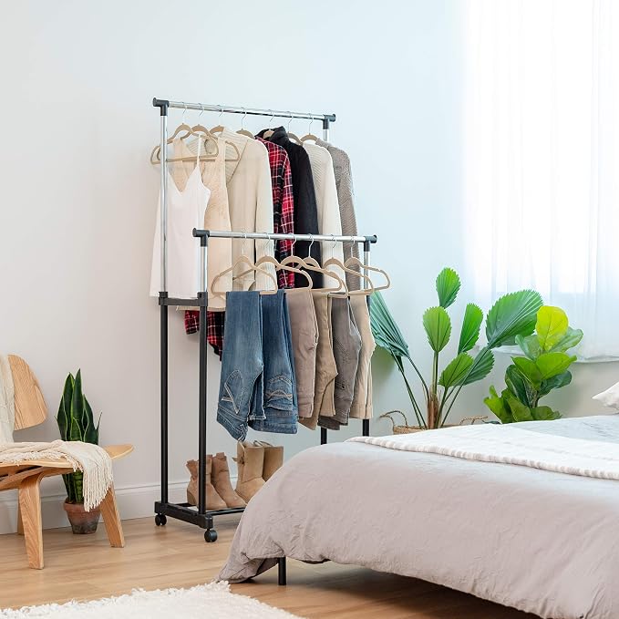 IRIS USA Double Rod Rolling Clothes Rack, Height Adjustable, Black | Adjustable hanging space for garments, accessories, and storage needs with smooth mobility