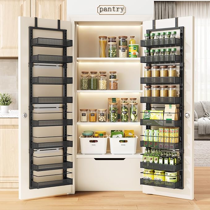Narrow Over the Door Pantry Organizer - 8 Tiers Height Adjustable Pantry Organizers and Storage with Dense Mesh Baskets, Metal Spice Rack for Kitchen Bathroom (Black, 12.2"W x 4.6"D x 69.1"H)