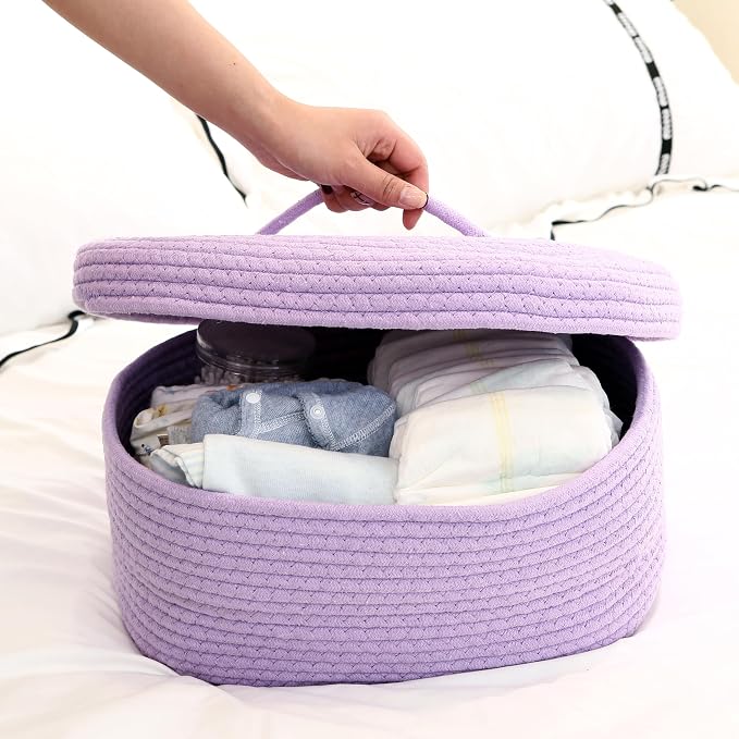 Sea Team Oval Cotton Rope Storage Basket with Lid, Lidded Woven Storage Bin, Nursery Storage Container, Diaper Caddy, Baby Shower Basket, Box, Organizer, 15 x 11 x 6.5 Inches (Medium, Lavender)