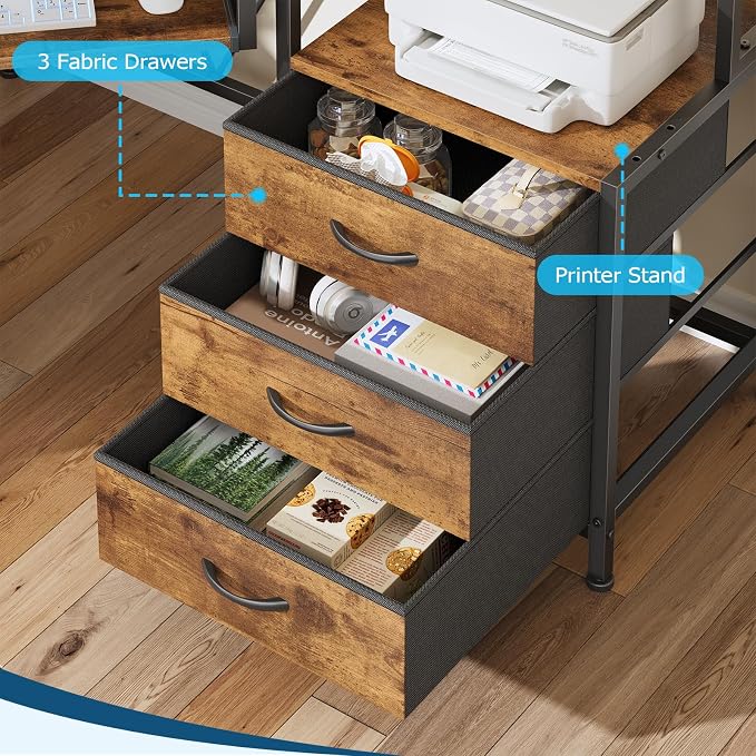 47" Corner Desk with Drawers, Power Outlets ＆ Printer Shelf for Small Space | Small Computer Desk with Monitor Stand, Triangle Gaming Desk with LED Lights and Keyboard Tray, Rustic Brown