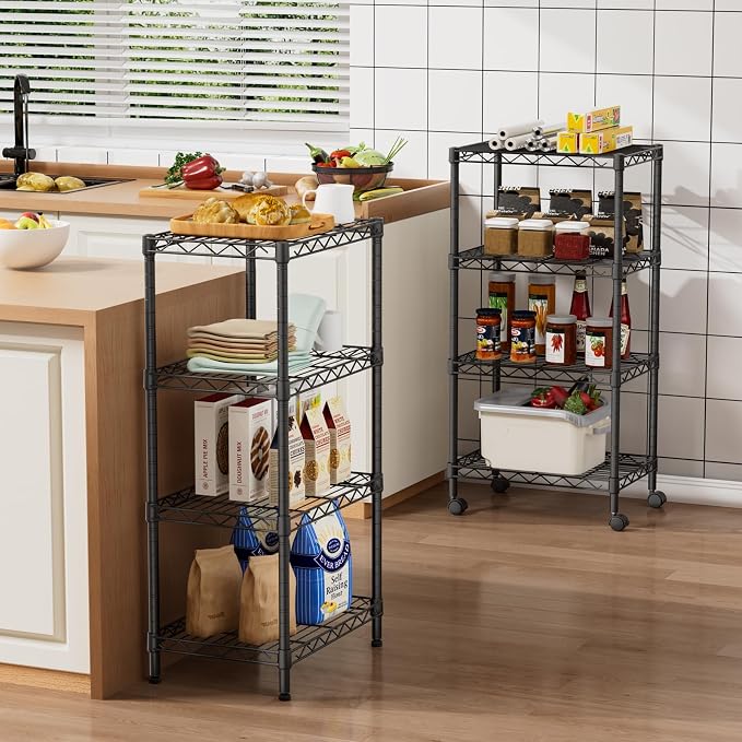 Golpart Small Shelves Storage Wire Metal Adjustable Shelf Unit with Wheels | 4 tier Shelving Organizers Storage Shelving for Bathroom Laundry Room Kitchen Pantry 11.7”D x 17.7”W x 44.8”H Black