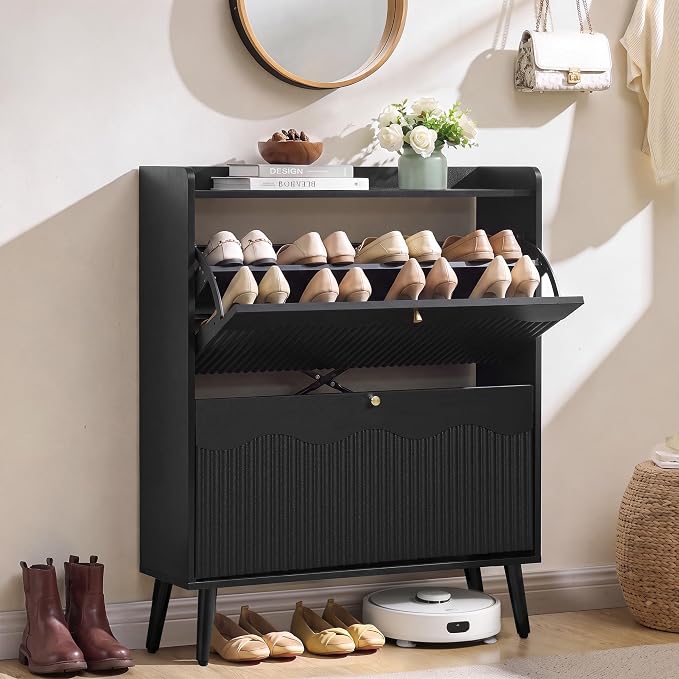 BERRYMERRY 31.5” Fluted Shoe Cabinet Storage with 2 Flip Drawers,Freestanding Narrow Shoe Storage Organizer Cabinet with Wave Profile for Entryway,Hallway,Living Room (2 Drawers Black)