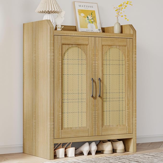 Mericonia Shoe Cabinet Storage for Entryway, Natural Rattan Shoe Storage Cabinet, Wooden Shoe Rack Cabinet, Farmhouse Boho Wood Shoe Organizer Cabinet for Hallway