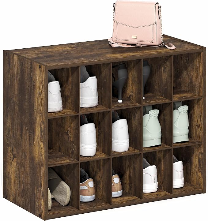 Furinno FANO 15-Cube Shoe Rack, Stackable Shoe Organizer, Amber Pine | 11.4 x 24.2 x 19.3, Shoes Storage, for Closet Entryway, Office, Garage