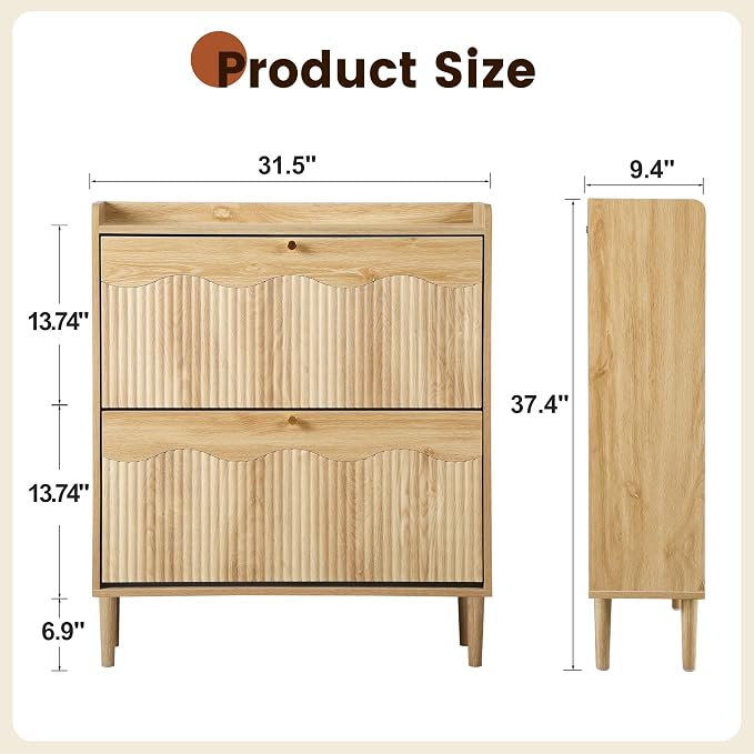 BERRYMERRY 31.5" Fluted Shoe Storage Cabinet for Entryway, 2 Flip Drawers Narrow Shoe Organizer for Hallway, Living Room