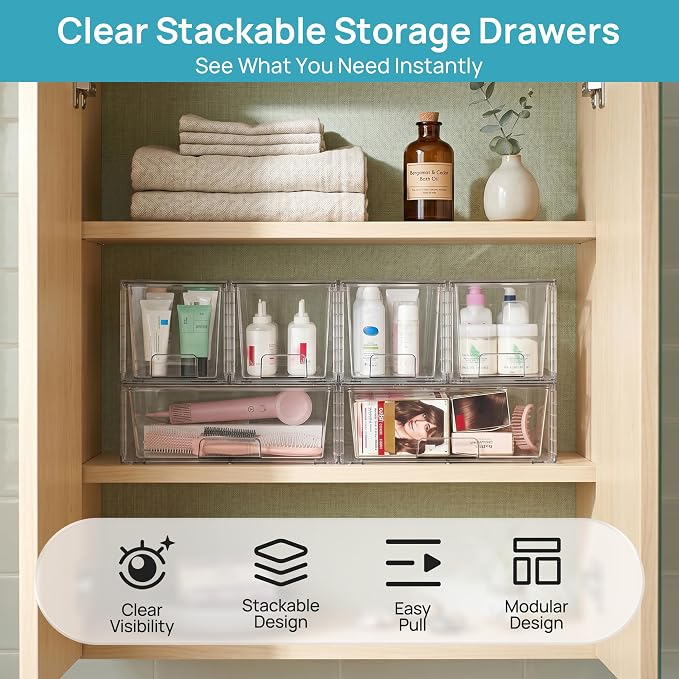 Vtopmart 4 Pack Stackable Storage Drawers, Easily Assemble Clear Plastic Organizer Bins, 2 Wide Drawers and 2 Medium Drawers for Pantry, Kitchen Cabinet, Bathroom, Closet Organization and Storage